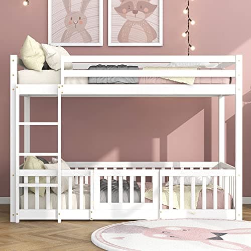 Image of BTM 3FT Bunk Bed, Bed with Fences and Door, Children's Bed with Fall Protection and Railings, Solid Wood, White (190x90cm)