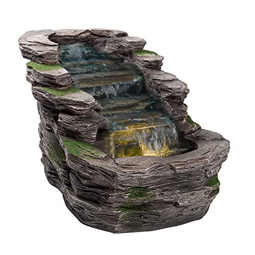 Image of Waterfall Water Feature with LED Light | Rock Stone Cascading Water Feature for the Garden, Outdoor, Self Contained - 58 x 42 x 37cm
