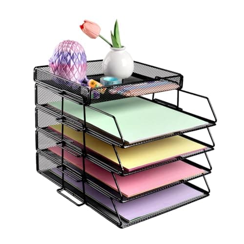Image of EasyOFC 4-Tier Mesh in Trays Desk Organiser,Office File Holder with Stationery Storage Paper Document Letter Organiser with Top Stationery Holder,Black