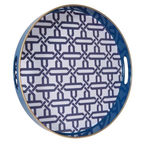 Image of Heaven4you Luxury Elegant Decorative Serving Tray Round Shape Design with Gold Trim | Glossy Finish Organizer or Food Tray for Coffee Table or Dining 33cm x 4cm (Navy)