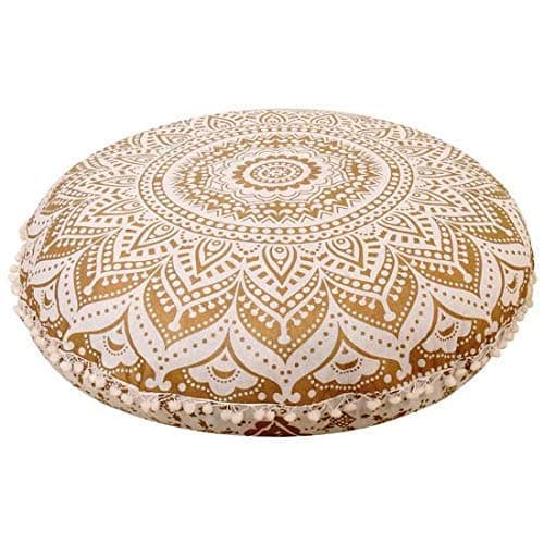 Image of Radhykrishnafashions Indian 32" Large Hippie Mandala Floor Pillow Cover Cushion Cover Round Bohemian Yoga Decor Floor Cushion Case (Gold Ombra)