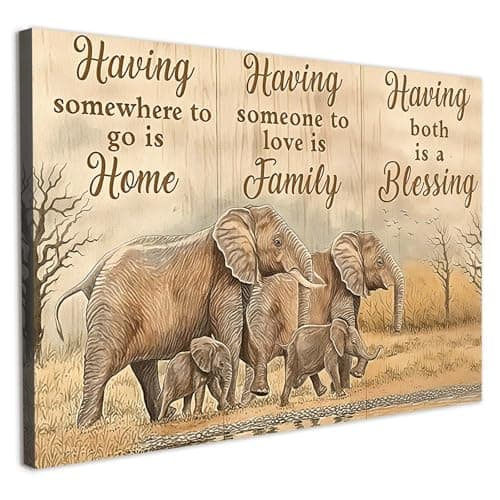 Image of Galmcook Framed Canvas Wall Art Elephant Family Inspirational Quote Rustic Farmhouse Animal Picture Wall Canvas for Living Room Bedroom Hallway and Stairs Decoration with Hooks and Magic Tape