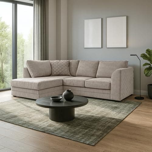 Image of Furnishings For Less UK The Quilted Chenille Beige Fabric L Shaped 3-4 Seater Chaise Full Back Sofa (Beige, Left Hand Facing Corner)