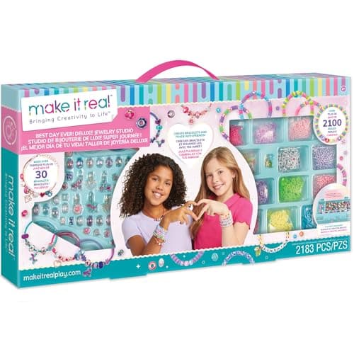 Image of Make It Real Deluxe Jewellery Studio, Best Day Ever! - Bracelet Making Kit with 30+ Bracelets, 2100+ Beads & Pendant Charms, Halo, Heishi & Alphabet Beads - Jewellery Craft Sets for Girls Ages 8+