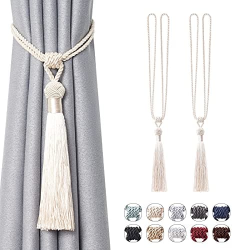 Image of Pretty Jolly 2 Pack Long Tassel Curtain Tiebacks Handmade Braided Rope Knot Drape Tie Backs European Style Decorative Curtain Holdbacks for Home & Office Window Drapery (Beige)