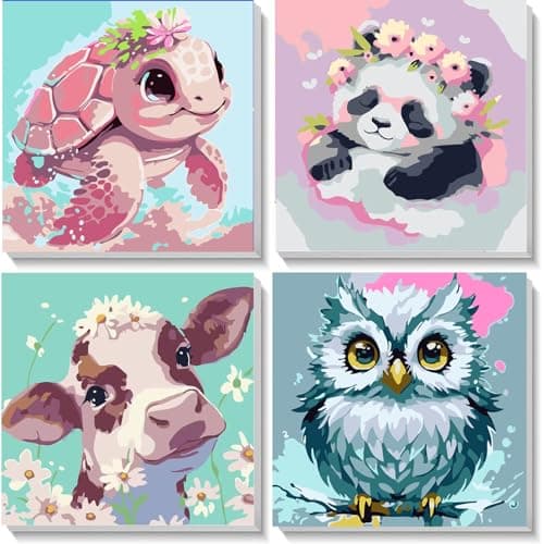 Image of 4 Pack Animal Paint by Numbers for Children with Wooden Frame-Turtle Owl Cow Panda Paint by Numbers Kids Ages 4-8-12,DIY Painting by Numbers for Kids Acrylic Oil Canvas for Home Wall Decor(8X8inch)