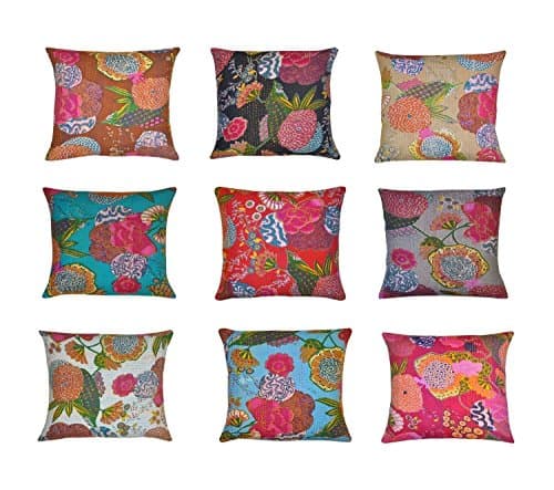 Image of Marubhumi Indian Home Decor Thread Embroidery Work Block Printed Kantha Cushion Cover, 41 X 41 Cm, lot of 10 pcs