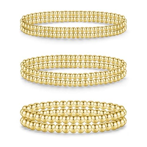 Image of Sweetkiki 6 Pack Gold Bracelet for Women Dainty 14K Gold Plated Charm Bracelet Stretch Bead Ball Bracelet Stack Set Adjustable Jewelry for Women Men (Gold)