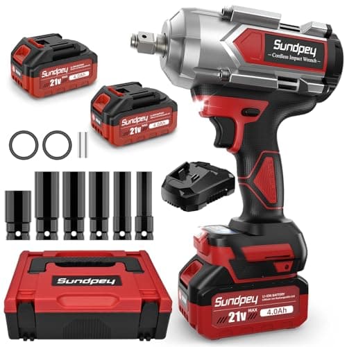 Image of Sundpey Cordless Impact Wrench 1200N·m - 900Ft-lbs High Torque Impact Wrench with 2 × 4000mAh Battery - 2600RPM Brushless Impact Gun with 6 Sockets & Fast Charger & Carry Case for Car Tire Truck DIY