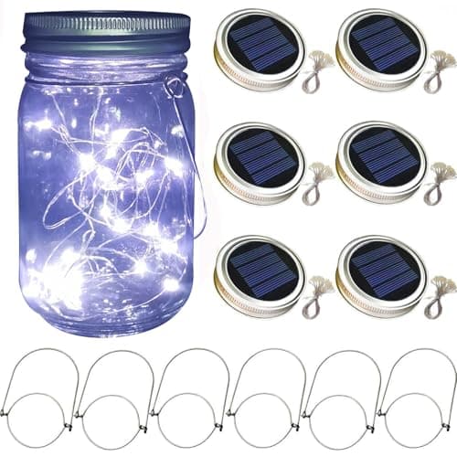 Image of 6 Pack Mason Jar Solar Lights 30 LED Outdoor Solar Firefly Lights Mason Jar Lantern Lid with Hangers Fairy String Lids Lights for Patio Garden Yard Tree(JUST LID)