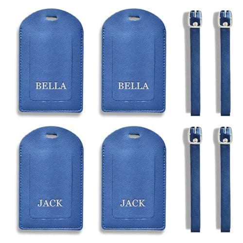 Image of Personalised Luggage Tags 4pcs - Luggage Tags For Suitcases - Leather Suitcase Tags - Leather Luggage Tag - Luggage Labels For Suitcases - Suitcase Tag Luggage Accessories (Blue)