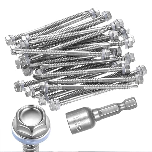 Image of 30pcs Self-Drilling Roofing Screws M6.3 x 100mm, Stainless Steel 401 Hex Head Screws with Washer, Metal Roof Screws with Sealing Washer, Self-Tapping Sheet Metal Screws + 10mm Socket