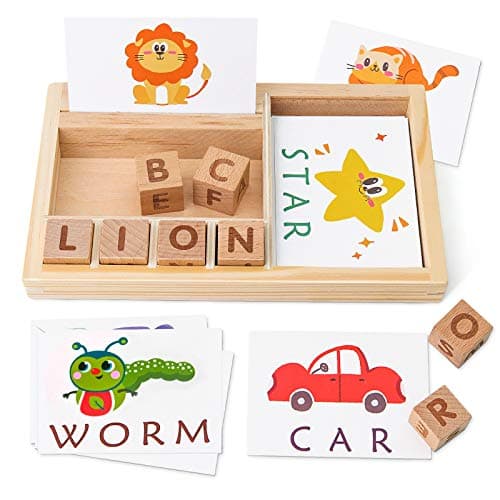 Image of Coogam Spelling Games, Wooden Matching Letters Toy with Words Flash Cards, Alphabets ABC Learning Educational Puzzle Gift for Preschool Kids Boys Girls Age 3 4 5 Years Old