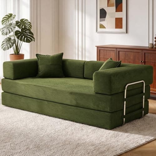 Image of Vipbear Boneless Sofa, 3 Seater Sofas Corduroy 200cm 5-in-1 Convertible Folding Bed with 2 Memory Foam Throw Pillows for Bedroom, Green