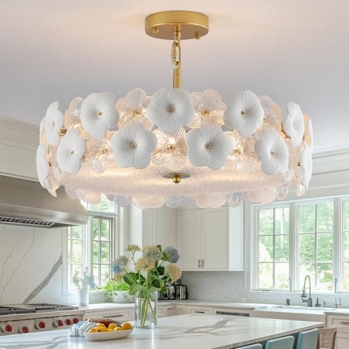 Image of Rviezza Gold Chandelier for Bedroom with Ceramic and Glass Flower 5 Lights Modern Ceiling Light with E14 Dimmable Socket Pendant Light Fitting for Dining Room Living Room Hallway