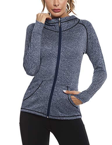 Image of Sykooria Woman Plain Zip Up Hoodie Top Ladies Long Sleeve Sport Workout Runing Track Jackets Sweatshirt Coat Hoody Jacket with Pockets and Thumb Holes Navy Blue