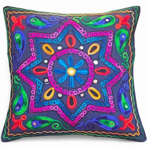 Image of Original Kikan Boho Indian Star Suzani cushion cover 40 x 40 cms, Suzani Multi Colour Embroidery - 16"x16" Ethnic Cushion Covers Vegan Eco FreindlY (NAVY)