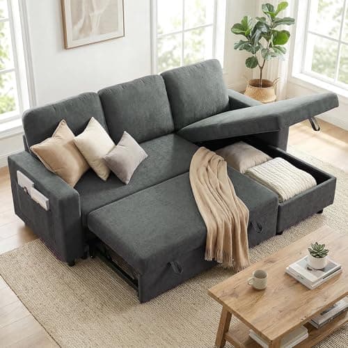 Image of HOMCOM Sofa Bed with Storage, Convertible L Shaped Corner Sleeper Couch, 3 Seater Pull Out Sofa Bed with Reversible Chaise, Side Pockets for Living Room, Bedroom, Small Spaces, Charcoal Grey