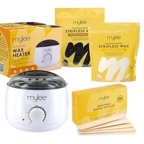 Image of Mylee Professional Waxing Kit with Wax Heater, Hard Wax Beads 2x 500g, Spatulas - Stripless Depilatory Waxing Pellets Solid Film Beans No Strip Needed, Made in The UK (Both Wax Pouches)