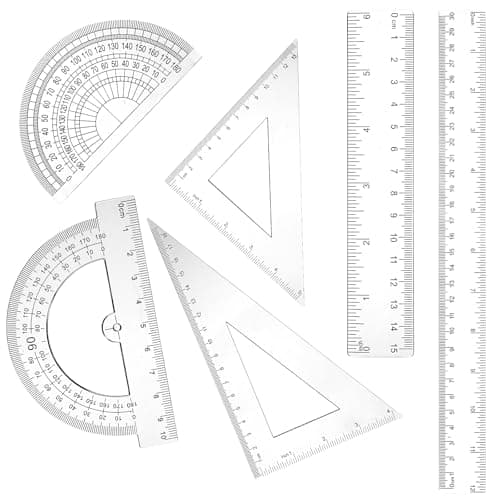 Image of 6PCS Clear Plastic Ruler Math Set, Math Geometry Tool Plastic Ruler Set, Includes 6 Inch and 12 Inch Straight Rulers, 30/60 and 45/90 Triangle Rulers, Protractor for School, Office, Home