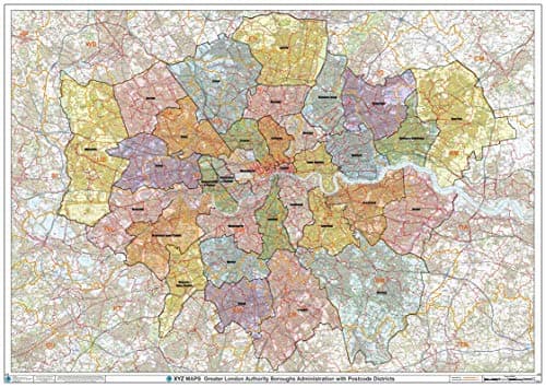 Image of Greater London Authority Boroughs with Postcode Districts Wall Map - 47" x 33.25" Paper