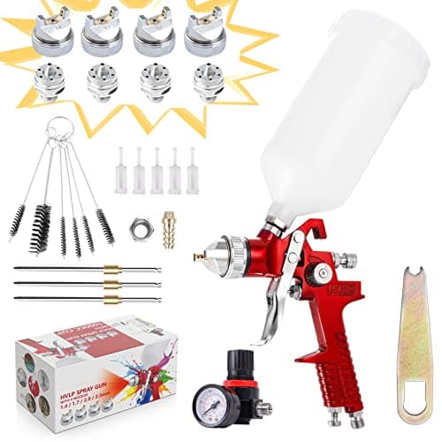 Image of CarBole HVLP Gravity Feed Air Spray Gun with 1.4/1.7/2.0/2.5mm Nozzles,1000cc Paint Cup & Air Pressure Regulator,Professional Paint Sprayer for Car,Furniture,Wall,Fence and Home Painting
