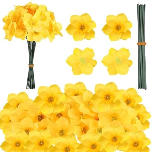 Image of 30 Set Artificial Daffodils Silk Fake Narcissus Flowers with Branch Wales Welsh St David's Day Decorations for Bouquet Corsages Home Kitchen Wedding Decoration DIY Flower Arrangements (30, Yellow)