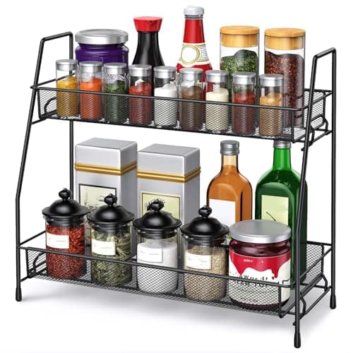 Image of HorHer 2 Tier Spice Racks Organiser – Free Standing Storage Organizer Metal Racks for Kitchen Counter & Bathroom Countertop Black