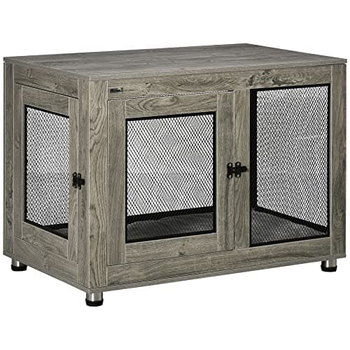 Image of PawHut Dog Crate Furniture End Table w/Soft Washable Cushion, Two Doors, Indoor Pet Kennel for Small Medium Large Dogs w/Wire Mesh, Grey