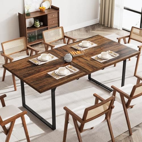 Image of Tribesigns Extendable Dining Room Table for 6-8 People, 63-78.8 Wood Dinner Table with Metal Frame for Kitchen Living Room Dining Room, Rustic Brown and Black