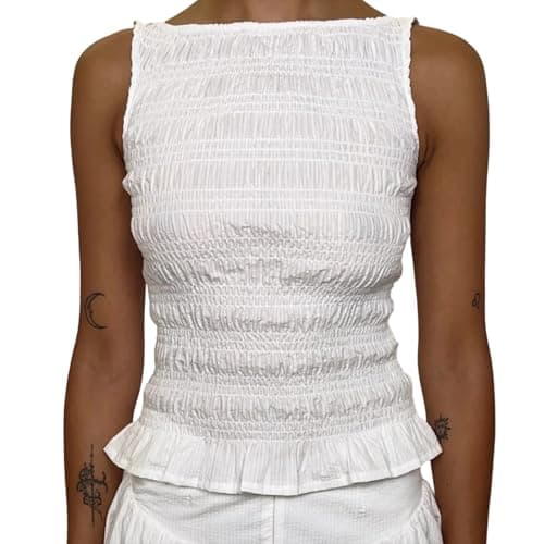 Image of FeMereina Women Smocked Tank Top Y2k Ruffle Sleeveless Shirred Top Frill Hem Summer Shirt Going Out Y2K Streetwear (White, M)