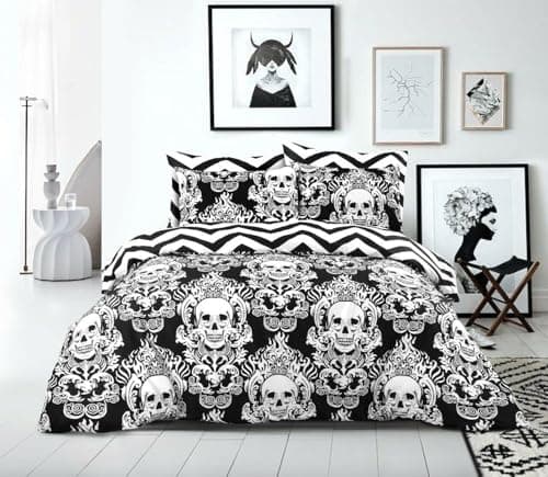 Image of SeventhStitch Halloween Baroque Skull Animal Print Duvet Cover Set 200 Thread Count 100% Cotton Black White Reversible Bedding Set Double Super King Bed Size (Double)