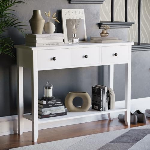 Image of Vida Designs Windsor 3 Drawer Console Table | White | Living Room Furniture | 74H x 100W x 30D cm | with Undershelf | Large Capacity Storage