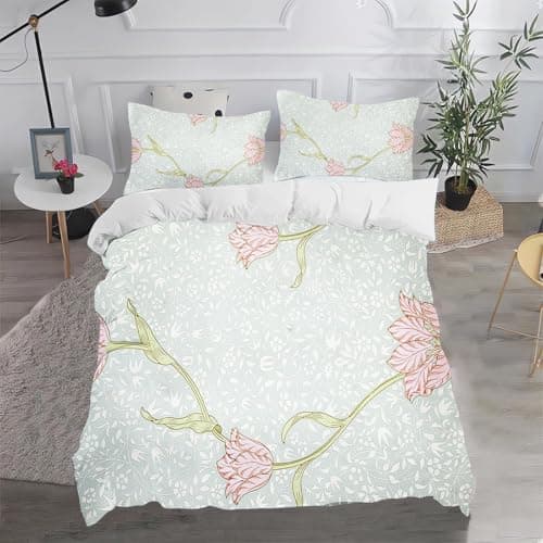 Image of Fgolphd Vintage Pink Floral Branch Duvet Cover Set with Pillowcases, Soft Microfiber Bedding Set with Zipper Closure for Bedroom Decor king