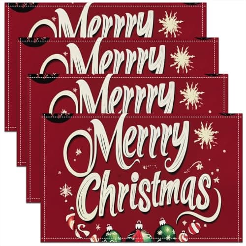 Image of Set of 4 Red Christmas Place Mats 45x30 cm,Merry Christmas Placemats for Dining Table,Christmas Tree Stars Waterproof Placemats,Winter Snowflake Table Mats No Slip