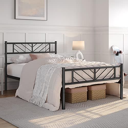 Image of Yaheetech 3ft Single Bed Frames Metal Slatted Bed Platform with Arrow Design Headboard, Under-bed Storage, No Box Spring Needed, Black