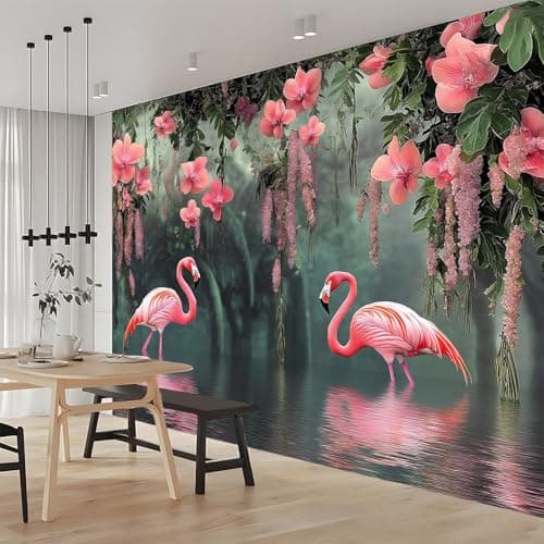 Image of Wall Mural Wallpaper Animals Flowers Flamingo Photo Non-Woven Art Print 200 x 140 cm, Decoration Poster for Bedroom Living Room Sofa TV Background - Pink