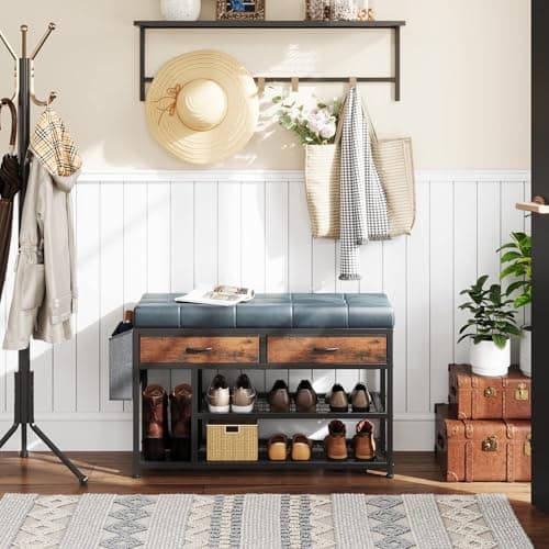 Image of MUTUN Shoe Bench with Cushion, Storage Bench with Padded Seat, Metal Shoe Racks and Fabric Drawers for Entryway Bedroom Living Room, Vintage Blue