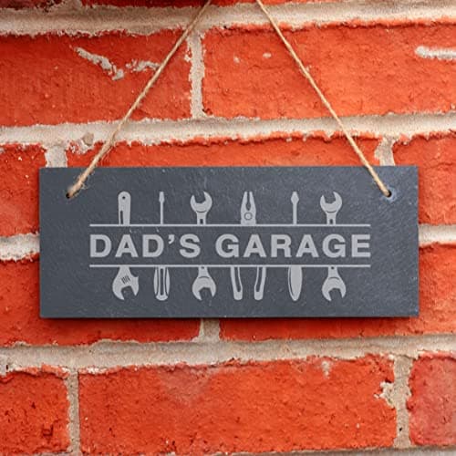 Image of eBuyGB Dad's Garage Sign, Slate Hanging Door Sign, Workshop Wall Plaque, 25x10cm Laser Engraved DIY Father's Day, Birthday Gift for Him