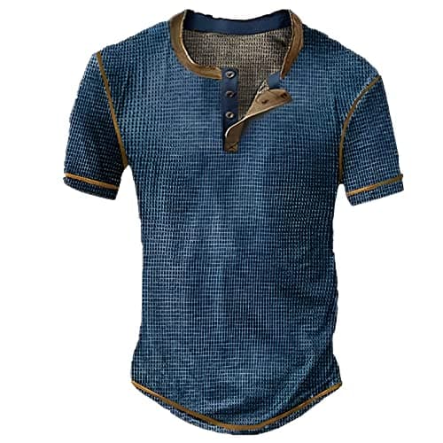 Image of Mens Distressed Henley Shirts Vintage Color Block Waffle Plaid Short Sleeve Button T-Shirt Slim Fit Casual Shirt(Navy,Medium)
