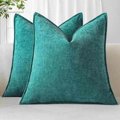 Image of Sungeek Set of 2 Soft Chenille Cushion Covers 50x50cm Square Decorative Throw Pillow Covers with Stitched Edge Solid Dyed Pillow Cases Covers for Home Decor Couch Sofa Bed Living Room, Teal