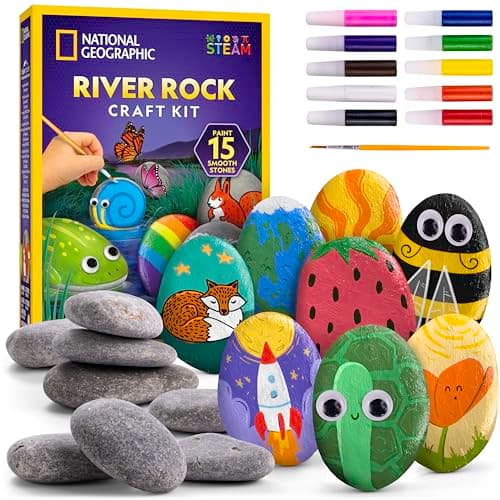 Image of National Geographic Rock Painting Kit - Arts & Crafts Kit for Kids, Decorate 15 Rocks with 10 Paint Colours & Art Supplies, Kids Art & Craft Kit