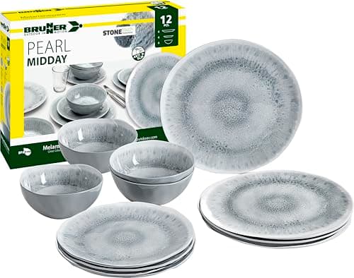 Image of Brunner Stonetouch Melamine Caravan Dinner Set, Anti Slip Outdoor Tableware Set, Lightweight Break Resistant Plates Bowls & Mugs - Camping, Motorhome, Picnic Dining Set (Pearl, 12 Piece Set)