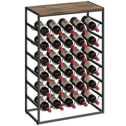 Image of HOMCOM 30 Bottles Wine Rack, 6 Tier Free Standing Wine Storage Holder with Wood Effect Tabletop, Industrial Bottle Display Shelf for Kitchen Bar Pantry, Space Saving, Rustic Brown