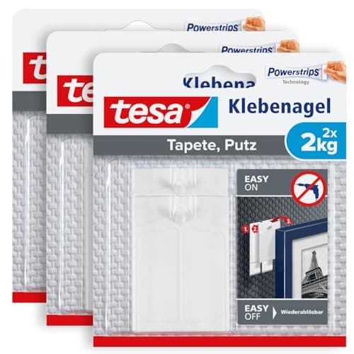 Image of tesa Adhesive Nail for Wallpaper and Plaster, 2 kg in Pack of 3, Self-Adhesive Nails for Sensitive Surfaces, Residue-Free, up to 2 kg Holding Capacity per Nail, 3 x 2 Adhesive Strips