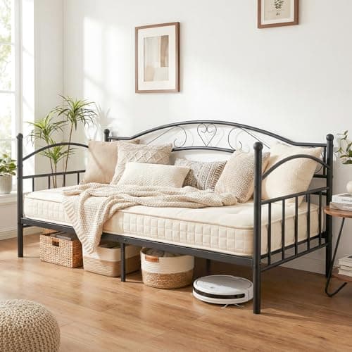 Image of COSTWAY Metal Day Bed Frame, 3FT Single Sofa Bed Base Guest Platform Daybed with Headboard, Metal Slats Support Mattress Foundation for Living Room Bedroom, No Box Spring Needed, 197 x 97cm (Black)