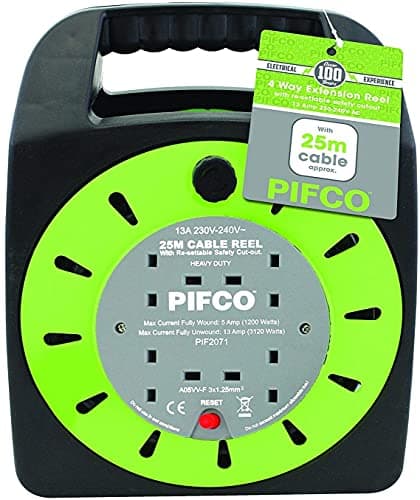 Image of PIFCO 4 Way 25M Heavy Duty Extension Reel With Re-Settable Safety Cutout-13A 230-240V AC-PIF2071/Green Colour