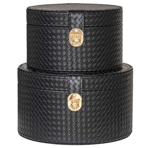 Image of ELPMD Leather Black Decorative Box With Lid for Remotes Coffee Table Set of 2 Storage Modern Round Hat Boxes Multipurpose Home Decor Basket Shelf Organizer