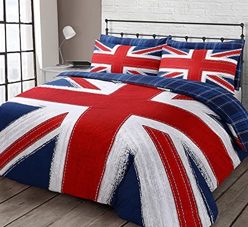 Image of Velosso Reversible Cotton Rich Double Duvet Cover Set, Union Jack Design, 3 Piece Bedding Set with 2 Pillowcases, Button Closure (Original Red, Double)