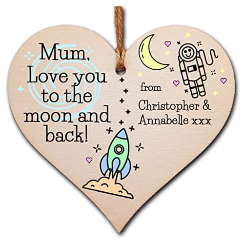 Image of Personalised Handmade Wooden Hanging Heart Plaque for Mum loving thoughtful special keepsake Mum Love you to the moon and back cute cartoon space card alternative from children